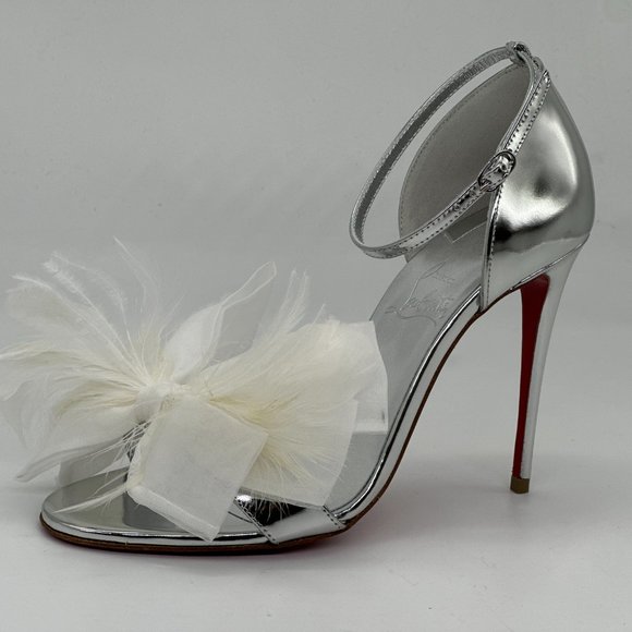 Christian Louboutin ANEMONA 100 Feather Bow Metallic Sandals Heels Shoes - Picture 8 of 16